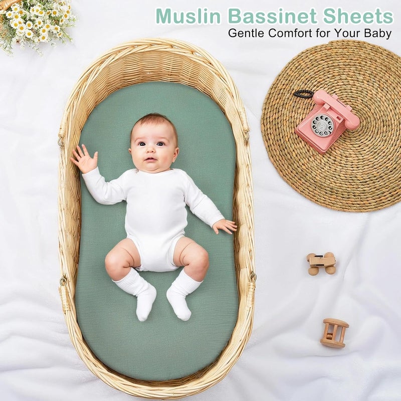 Basumee Muslin Bassinet Sheets for Baby Girl Boy 2 Pack Soft Breathable Baby Bedside Bassinet Fitted Sheets with Bottom Elastic Band 33''x17''x4'' Mattress Cover for Rectangle Oval Hourglass Bassinets - Image 3